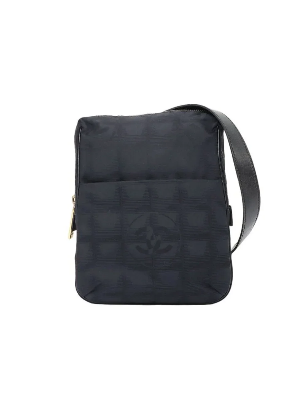 Chanel New Travel Line Shoulder Bag Nylon Jacquard Leather Black